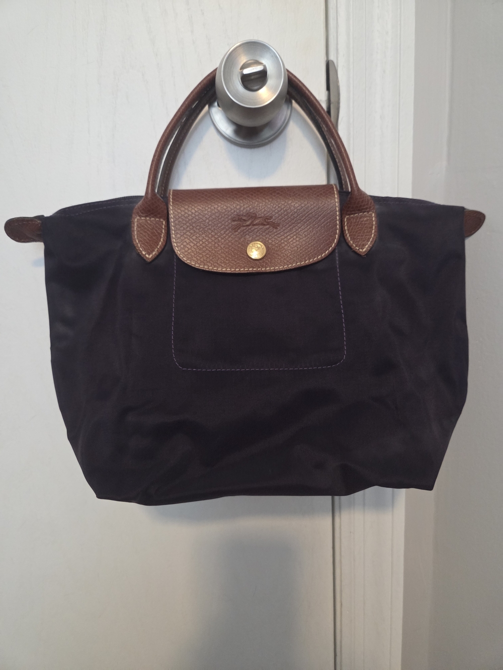 Longchamp Le Pliage Small Bilberry (Purple) Tote with Brown Leather Trim